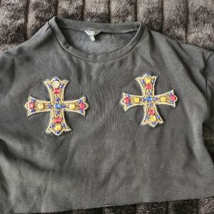 Embellished Black Crop Top with Cross Design